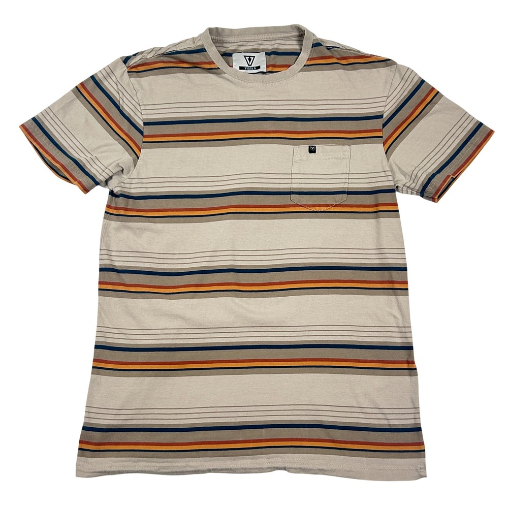 Vissla Mens Striped Pocket T-Shirt Medium Beige Tan Coastal Retro Surf Tee